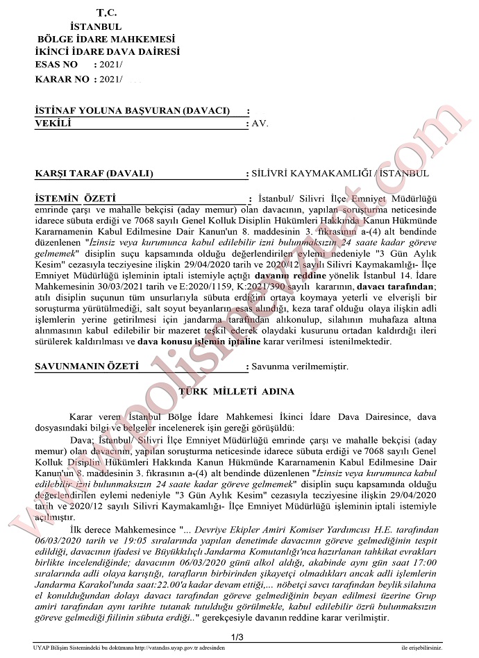 24 saate kadar ise goreve gelmemek bolge idare mahkemesi 1